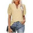 thumbnail image 1 of Summer Saving Wycnly Womens Blouses and Tops Dressy Going out Fashion Puff Sleeve Hollow out Loose Fit Tshirts Summer Solid V-Neck Short Sleeve Cute Tees Tops Yellow XL, 1 of 5