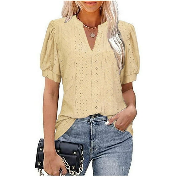 Summer Saving Wycnly Womens Blouses and Tops Dressy Going out Fashion Puff Sleeve Hollow out Loose Fit Tshirts Summer Solid V-Neck Short Sleeve Cute Tees Tops Yellow l