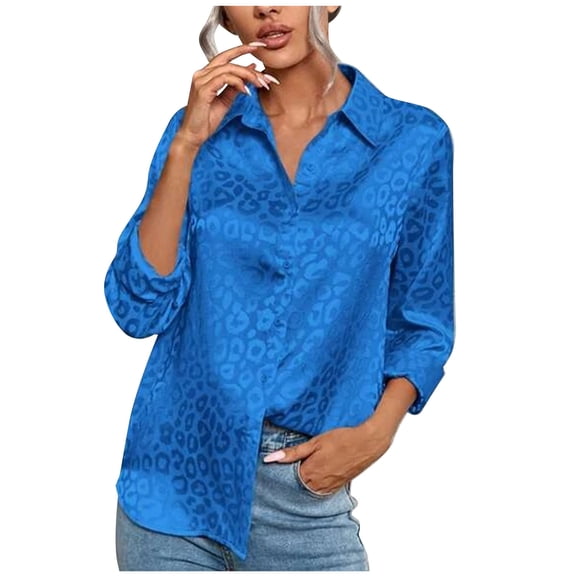 Usmixi Womens Tops Dressy Casual Lapel Lightweight Silky Satin Pullover Shirts Leopard Print V-Neck Short Sleeve Summer BlouseBlue s
