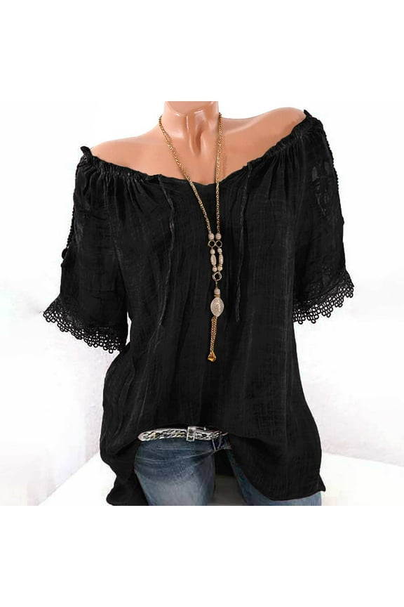 Summer Saving Wycnly Womens Blouses and Tops Dressy Plus Size Casual Lace Trim off Shoulder Soft Cotton Linen Baggy Tshirts Summer Solid V-Neck Short Sleeve Cute Tees Tops Black XL