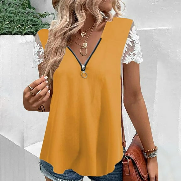 Summer Saving Wycnly Womens Blouses and Tops Dressy Sexy Lace Patchwork Sleeve Lightweight Quarter Zipper Tunic Shirts Summer Solid V-Neck Short Sleeve Cute Tees Tops Orange m