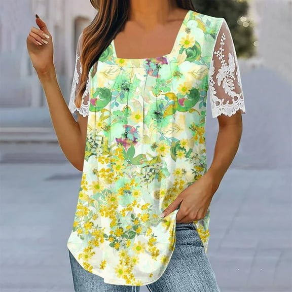 Summer Saving Wycnly Womens Blouses and Tops Dressy Sexy Lace Patchwork Sleeve Loose Flowy Pleated Swing Shirts Summer Floral Print Square Neck Short Sleeve Cute Tees Tops Green XL