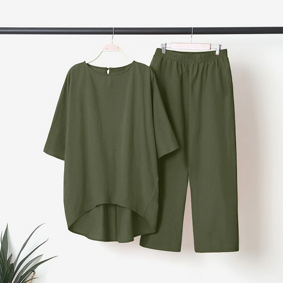 Summer Saving Wycnly Womens Casual 2 Piece Outfits Fall Cotton Linen Two Piece Lounge Set Solid Plus Size Short Sleeve Pullover and Elastic Waist Long Pants Sets under $5