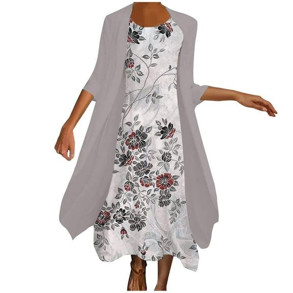 Summer Saving Wycnly Womens Dresses 2 Pieces Dresses Sets with Cardigan Plus Size Loose Tank Dresses Floral Crewneck Sleeveless Maxi Summer Dress White l Under $5