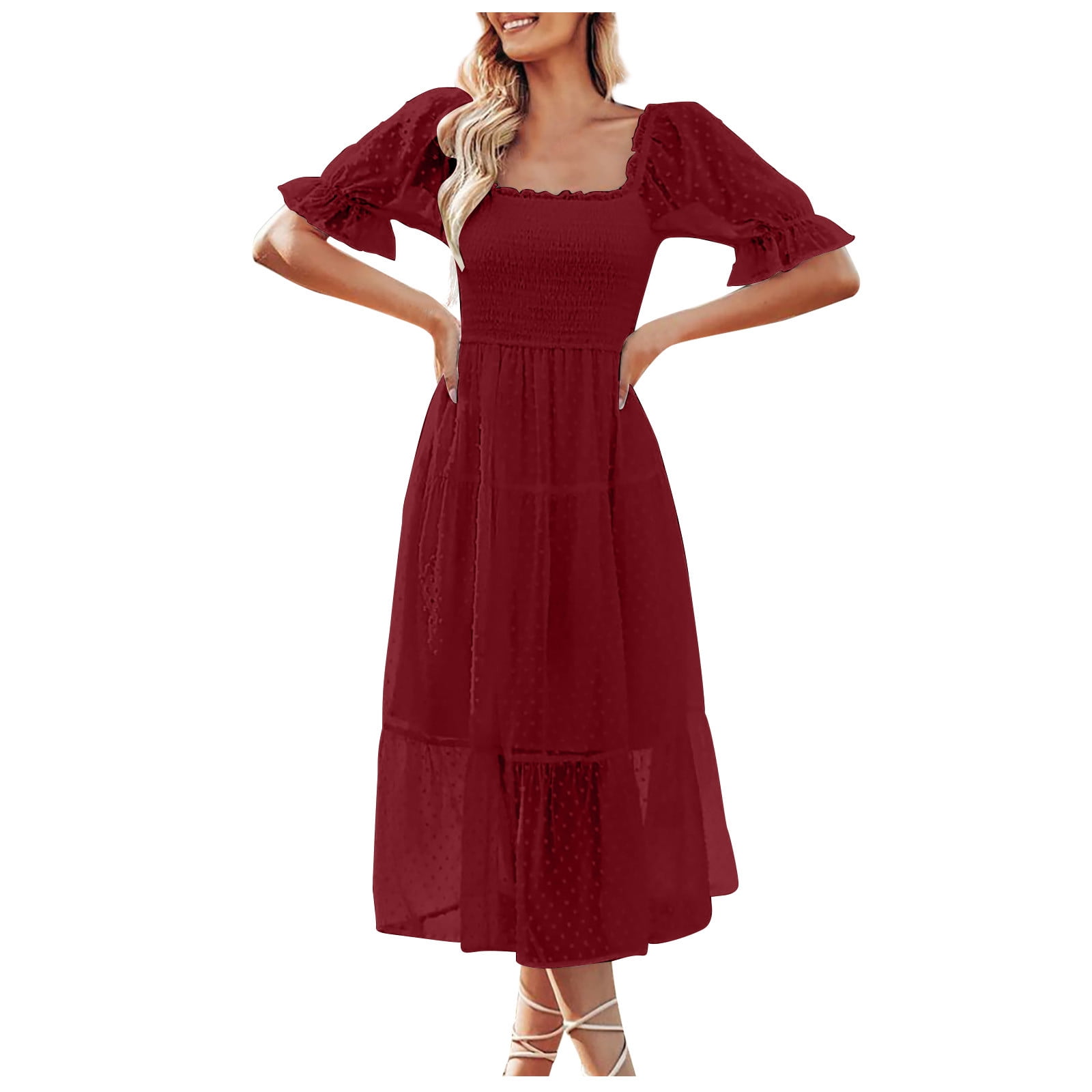 Summer Saving Wycnly Womens Dresses Beach Casual Lantern Sleeve Elastic  Waist Chiffon Dresses Solid Square Neck Short Sleeve Long Summer Dress Red  s