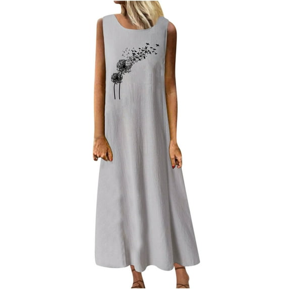 Summer Saving Wycnly Womens Dresses Beach Casual Loose Swing Tunic Tank Cotton Linen Sun Dresses Dandelion Print Crewneck Sleeveless Maxi Summer Dress Gray m Clearance Under $5