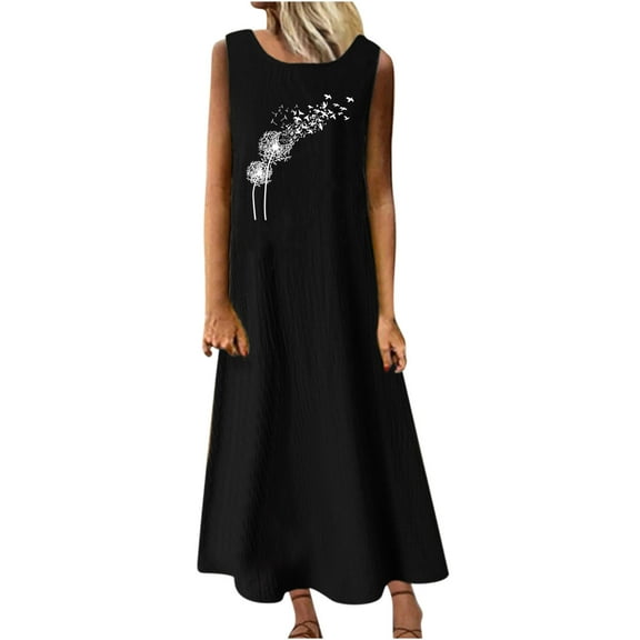 Summer Saving Wycnly Womens Dresses Beach Casual Loose Swing Tunic Tank Cotton Linen Sun Dresses Dandelion Print Crewneck Sleeveless Maxi Summer Dress Black xxxl Under $5
