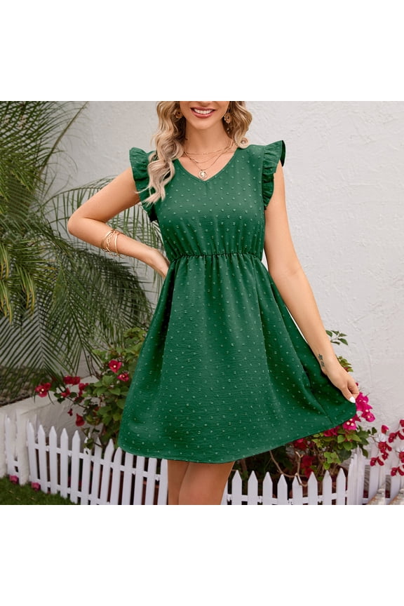 Summer Saving Wycnly Womens Dresses Beach Casual Ruffle Sleeve Elastic Waist Swing A Line Short Dresses Summer Solid V-Neck Short Sleeve Formal Mini Dress Green s