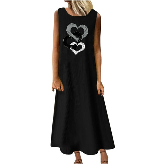 Summer Saving Wycnly Womens Dresses Beach Fashion Plus Size Swing Cotton Linen Tunic Tank Sun Dresses Heart Print Crewneck Sleeveless Long Summer Dress Black xxl Under $5