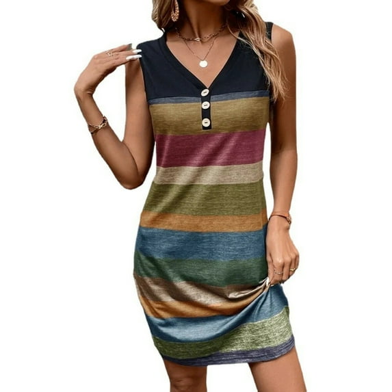 Wycnly Womens Dresses Beach Plus Size Fashion Button up Wrap Tank Mini Sundress Summer Striped Print V-Neck Sleeveless Formal Short Dress Multicolor l