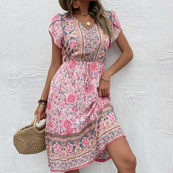 Summer Saving Wycnly Womens Dresses Beach Vacation Vintage Bohemian Elastic Waist Flowy Swing A Line Dresses Summer Floral Print V-Neck Short Sleeve Formal Midi Dress Pink XL