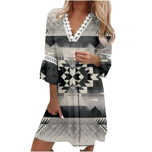 Summer Saving Wycnly Womens Dresses Beach Vintage Graphics Lace Trim Swing Tunic Dresses Casual Western Print V-Neck 3/4 Sleeve Mini Summer Dress Gray s Under $5