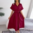thumbnail image 1 of Summer Saving Wycnly Womens Dresses Casual Button Down Lapel Elastic Waist Dresses with Belt Fashion Solid V-Neck Short Sleeve Long Summer Dress Wine m, 1 of 7