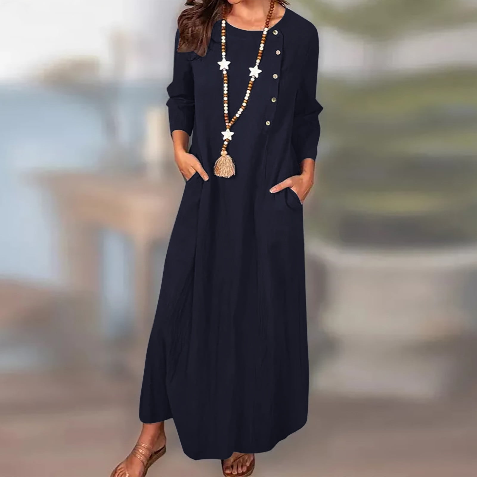 Women's Plus Size Loose Cotton Linen Maxi Dress - Long Sleeve With Pockets, Light Blue - View #9