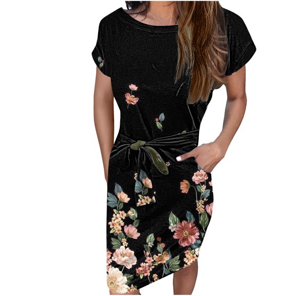 Summer Saving Wycnly Womens Dresses Casual Comfy Breathable Loose Pocket Wrap Midi Sundress with Belt Summer Floral Round Neck Short Sleeve Formal Knee-Length Dress Black XXL