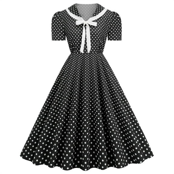 Summer Saving Wycnly Womens Dresses Cocktail Party Prom Empire Waist Flowy Pleated Swing Vintage 1950S Dresses with Bow-Knotted Summer Polka Dot Print V-Neck Short Sleeve Formal Midi Dress Black s