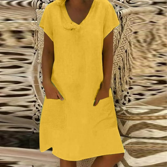 Summer Saving Wycnly Womens Dresses Comfy Breathable Cotton Linen Casual Pocket Plus Size Swing Tunic Midi Dresses Summer Solid V-Neck Short Sleeve Formal Knee-Length Dress Yellow XXXXL