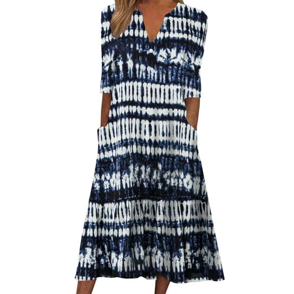 Summer Saving Wycnly Womens Dresses Elbow-Length V-Neck Floral Print Casual Long Summer Dress with Pocket Beach Loose Hem Tunic Dresses Blue XL Up to 65% off