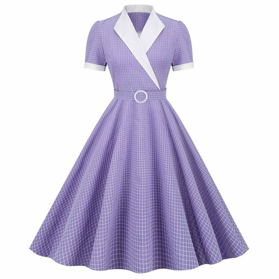 Summer Saving Wycnly Womens Dresses Empire Waist Flowy Pleated Swing A Line Vintage 1950S Graduation Dresses Summer Color Block V-Neck Short Sleeve Formal Midi Dress Purple l