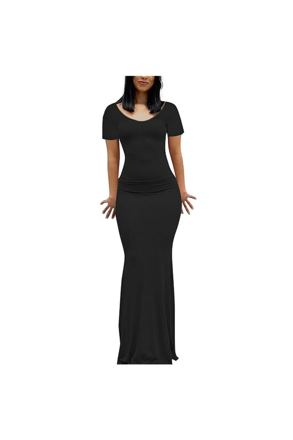 Summer Saving Wycnly Womens Dresses Evening Party Prom Sexy Slim Mermaid Long Dresses Solid Round Neck Short Sleeve Maxi Summer Dress Black m Under $5