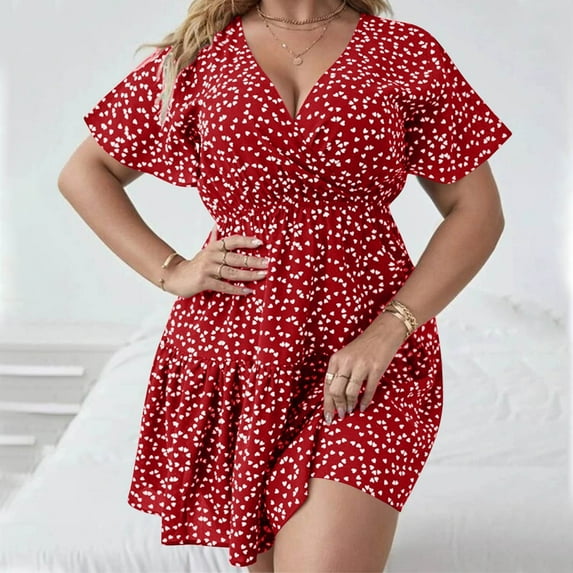 Summer Saving Wycnly Womens Dresses Fashion Elastic Waist Flowy Ruffle Swing Plus Size A Line Short Dresses Summer Polka Dot Print V-Neck Short Sleeve Formal Mini Dress Red XXXXL