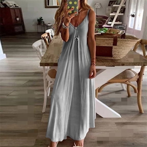 Summer Saving Wycnly Womens Dresses Fashion High Waist Plus Size Swing Spaghetti Strap Long Dresses Fashion Gradient V-Neck Sleeveless Maxi Summer Dress Gray XXL