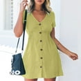 thumbnail image 1 of Summer Saving Wycnly Womens Dresses Fashion High Waist Smocked Swing Button Down Shirt A Line Dresses Summer Solid V-Neck Short Sleeve Formal Mini Dress Yellow XL, 1 of 5