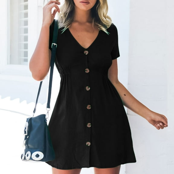 Wycnly Womens Dresses Fashion High Waist Smocked Swing Button Down Shirt A Line Dresses Summer Solid V-Neck Short Sleeve Formal Mini Dress Black l