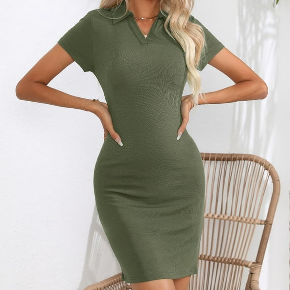 Summer Saving Wycnly Womens Dresses Fashion Lapel Soft Knitted Ribbed Night Party Club Sexy Bodycon Dresses Summer Solid V-Neck Short Sleeve Formal Mini Dress Army Green m