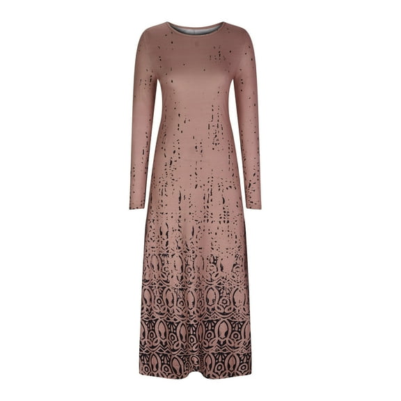 Summer Saving Wycnly Womens Dresses Long Sleeve Round Neck Western Print Casual Maxi Summer Dress Flowy Swing Vintage Ethnic Style Long Dresses Brown L Up to 65% off
