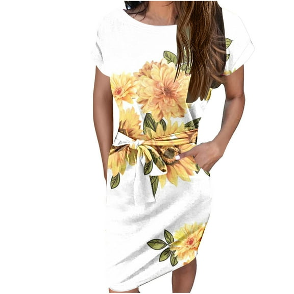 Summer Saving Wycnly Womens Dresses Loose Belt Vintage Floral Wrap Knee-Length Dresses with Pocket Summer Leaves Print Crewneck Short Sleeve Formal Midi Dress Yellow l