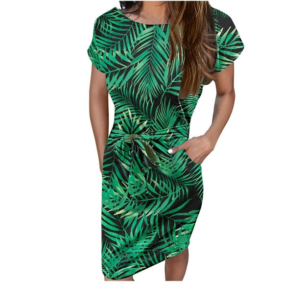 Summer Saving Wycnly Womens Dresses Loose Belt Vintage Floral Wrap Knee-Length Dresses with Pocket Summer Leaves Print Crewneck Short Sleeve Formal Midi Dress Green m