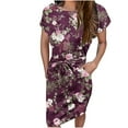 thumbnail image 1 of Summer Saving Wycnly Womens Dresses Loose Belt Vintage Floral Wrap Knee-Length Dresses with Pocket Summer Leaves Print Crewneck Short Sleeve Formal Midi Dress Wine l, 1 of 5
