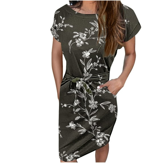 Summer Saving Wycnly Womens Dresses Loose Belt Vintage Floral Wrap Knee-Length Dresses with Pocket Summer Leaves Print Crewneck Short Sleeve Formal Midi Dress Black XXL