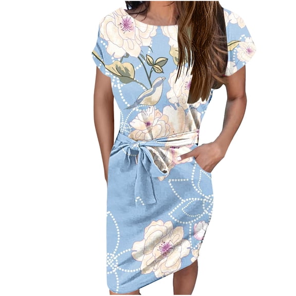 Summer Saving Wycnly Womens Dresses Loose Belt Vintage Floral Wrap Knee-Length Dresses with Pocket Summer Leaves Print Crewneck Short Sleeve Formal Midi Dress Blue s