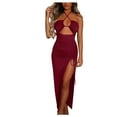thumbnail image 1 of Summer Saving Wycnly Womens Dresses Party Club Sexy Cut-out Slit Ruched Bodycon Dresses with Drawstring Fashion Solid Halter Sleeveless Long Summer Dress Wine l, 1 of 7