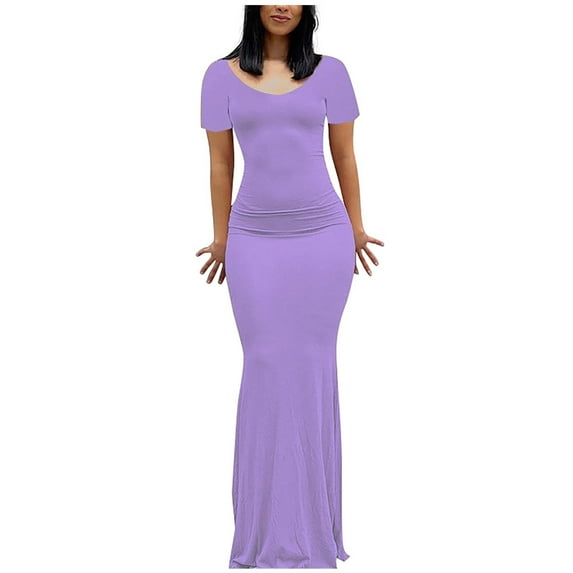 Summer Saving Wycnly Womens Dresses Party Club Sexy Slim Wrap Fishtail Long Dresses Solid Round Neck Short Sleeve Maxi Summer Dress Purple xl Clearance Under $5