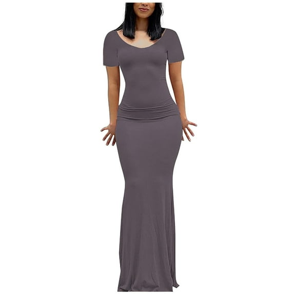 Summer Saving Wycnly Womens Dresses Party Club Sexy Slim Wrap Fishtail Long Dresses Solid Round Neck Short Sleeve Maxi Summer Dress Wine xl Clearance Under $5