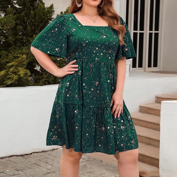 Summer Saving Wycnly Womens Dresses Party Prom Fashion Empire Waist Flowy Ruffle Swing Plus Size Dresses Summer Floral Print Square Neck Short Sleeve Formal Mini Dress Green XL