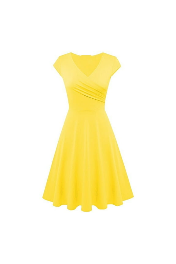 Summer Saving Wycnly Womens Dresses Party Prom Formal Empire Waist Pleated Swing Plus Size A Line Dresses Summer Solid V-Neck Short Sleeve Formal Midi Dress Gold l