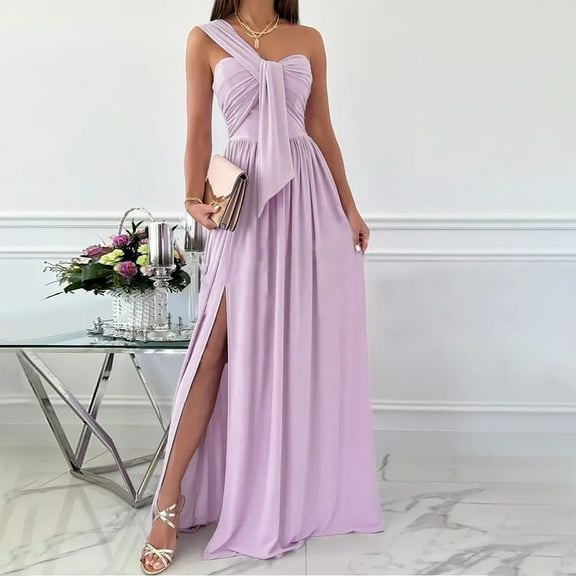 Summer Saving Wycnly Womens Dresses Party Prom Sexy Empire Waist Pleated Swing Slit off Shouder Dresses Fashion Solid V-Neck Sleeveless Maxi Summer Dress Purple XL