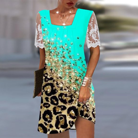 Wycnly Womens Dresses Party Vintage Lace Patchwork Pleated Swing Tunic Short Dresses Summer Leopard Print Square Neck Short Sleeve Formal Mini Dress Green l