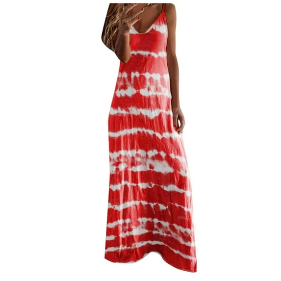 Summer Saving Wycnly Womens Dresses Plus Size Spaghetti Strap Beach Boho Camisole Long Dresses Sleeveless V-Neck Striped Print Maxi Summer Dress Red XXXL Clearance Clothes