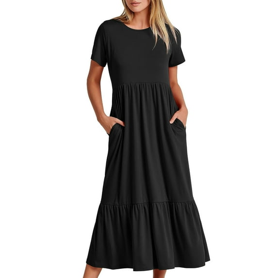 Summer Saving Wycnly Womens Dresses Short Sleeve Round Neck Solid Casual Long Summer Dress Flowy Ruffle Swing A Line Pocket Dresses Black L