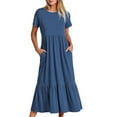 thumbnail image 1 of Summer Saving Wycnly Womens Dresses Short Sleeve Round Neck Solid Casual Long Summer Dress Flowy Ruffle Swing A Line Pocket Dresses Dark Blue L, 1 of 7