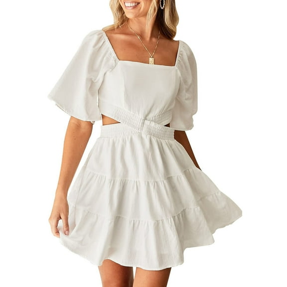 Summer Saving Wycnly Womens Dresses Short Sleeve Square Neck Solid Mini Summer Dress Empire Waist Cut-out Flowy Ruffle Swing Skater Dresses White Up to 65% off