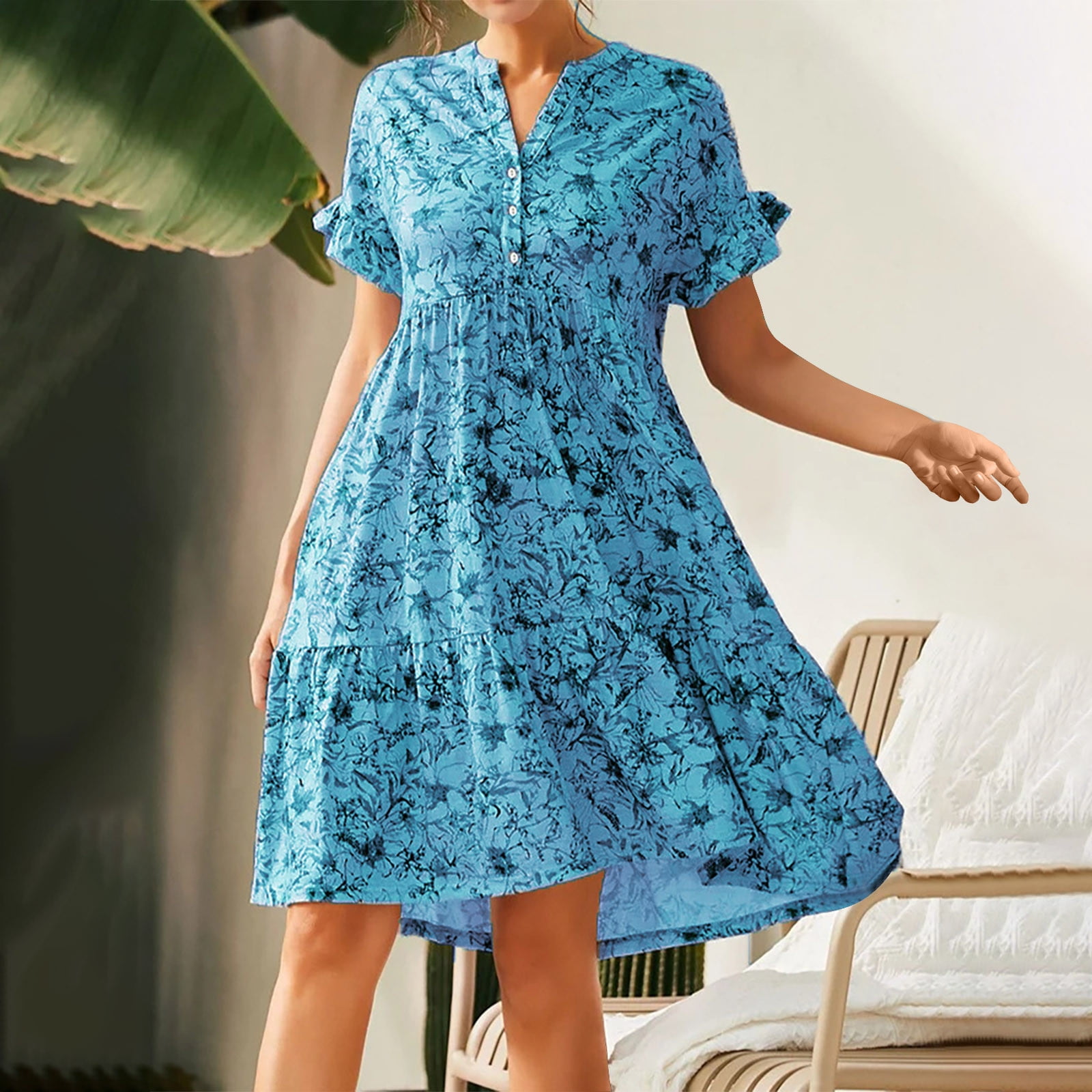 Loose outlet Fit Short-Sleeved Rayon Flowered Dress