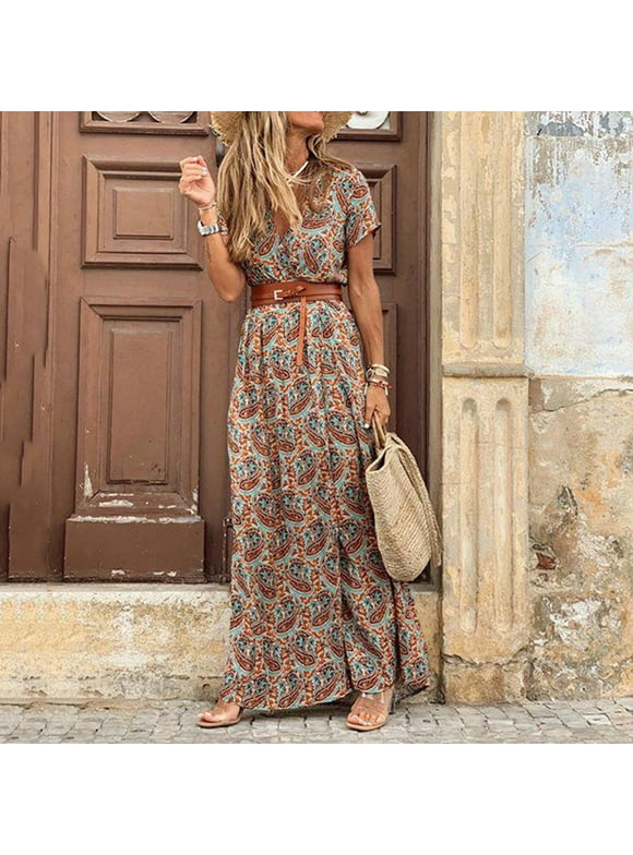 Summer Saving Wycnly Womens Dresses Short Sleeve V-Neck Floral Print Casual Maxi Summer Dress High Waist Flowy Ruffle Swing Beach Sun Dresses with Belt Clearacne