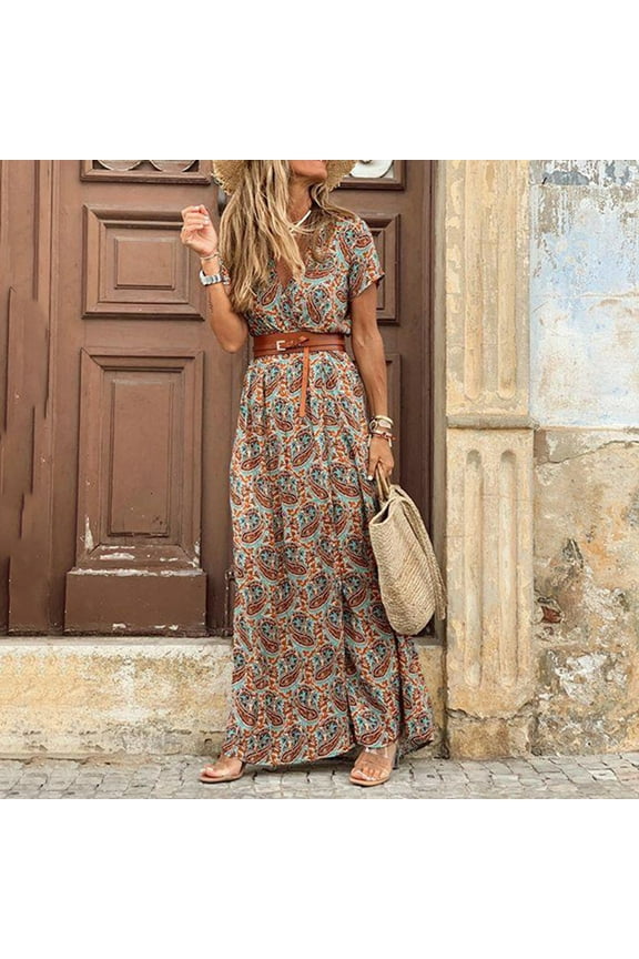 Summer Saving Wycnly Womens Dresses Short Sleeve V-Neck Floral Print Casual Maxi Summer Dress High Waist Flowy Ruffle Swing Beach Sun Dresses with Belt Clearacne