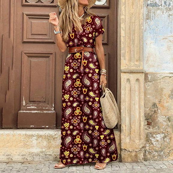 Summer Saving Wycnly Womens Dresses Short Sleeve V-Neck Floral Print Casual Maxi Summer Dress High Waist Flowy Ruffle Swing Beach Sun Dresses with Belt Clearacne